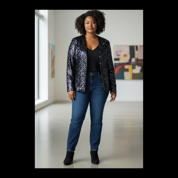 three flags Jackets & Blazers - Vintage three flags Black Sequin Open Front Jacket with Structured Shoulders